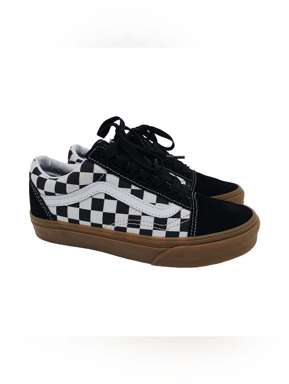 VANS Old Skool Checker Black White Gum Canvas Suede Sneakers Big Kids 4M, 5.5W